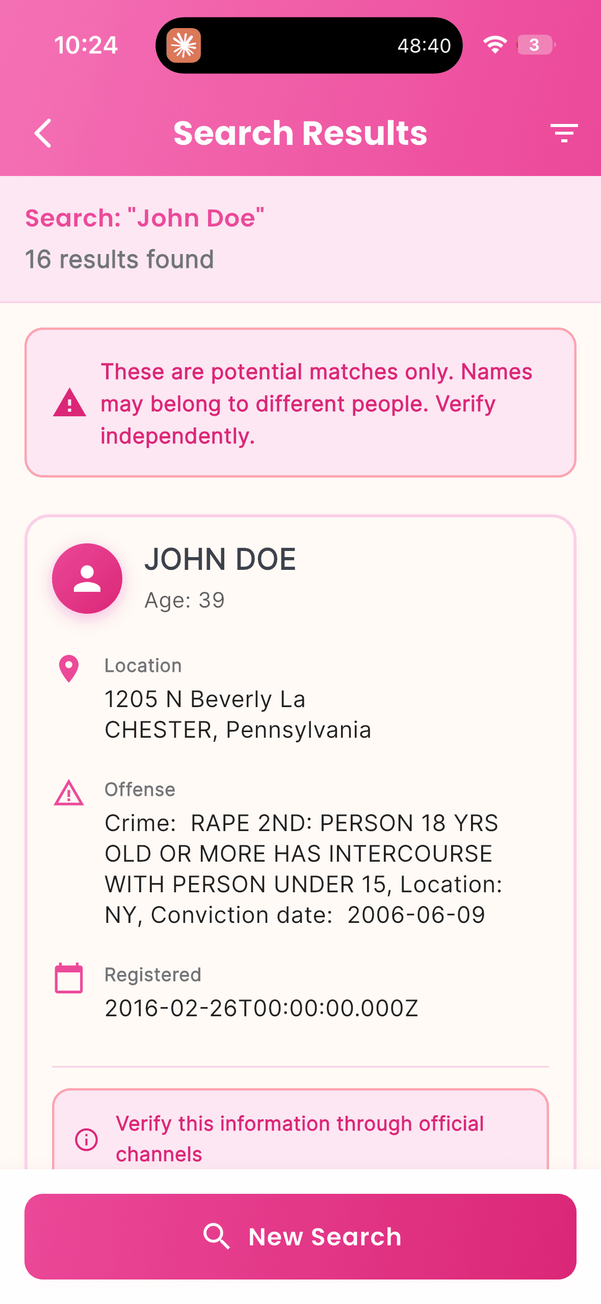 PinkFlag search results screen
